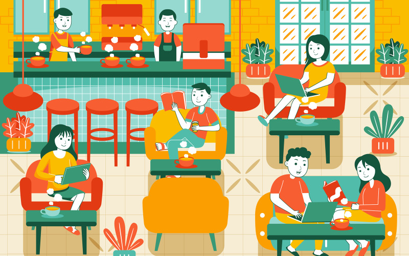 People in Cozy Cafe - Vector Illustration #01 Vector Graphic