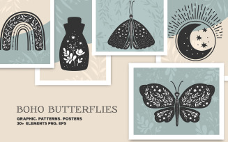 Boho Butterflies Illustration , Vector Graphics