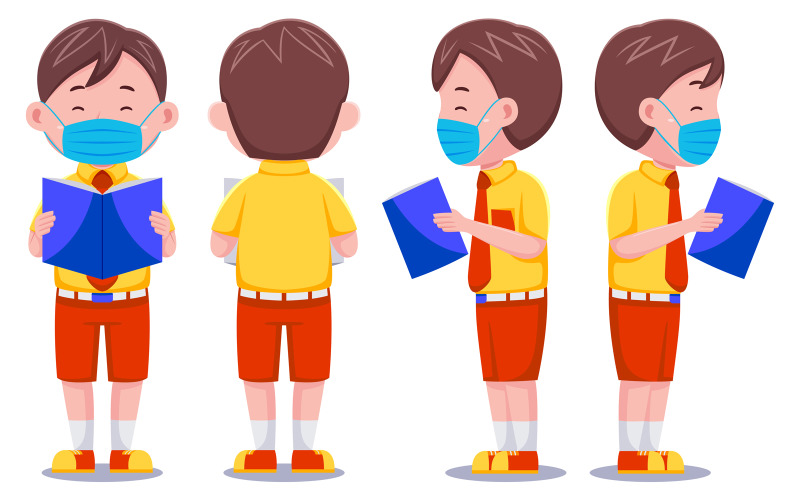 Cute Kids Boy Student Reading Book with Mask #01 Vector Graphic