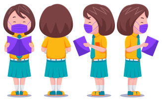Cute Kids Girl Student Reading Book with Mask