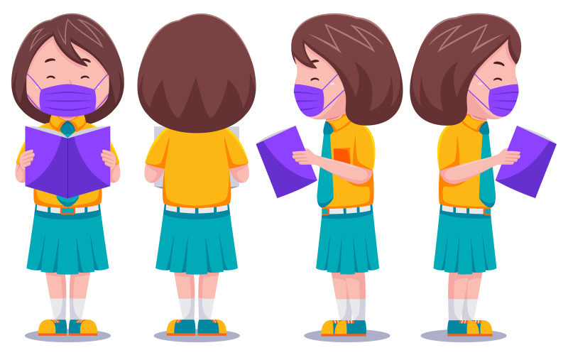 Cute Kids Girl Student Reading Book with Mask Vector Graphic