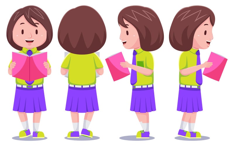 Cute Kids Girl Student with Books #01 Vector Graphic