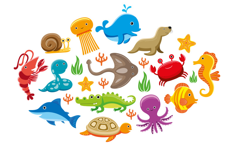Cute Sea Animals - Vector Illustration Vector Graphic