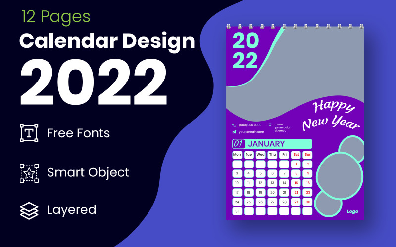 Geometric Style Blue & Purple 2022 Calendar Design Template Vector Planner