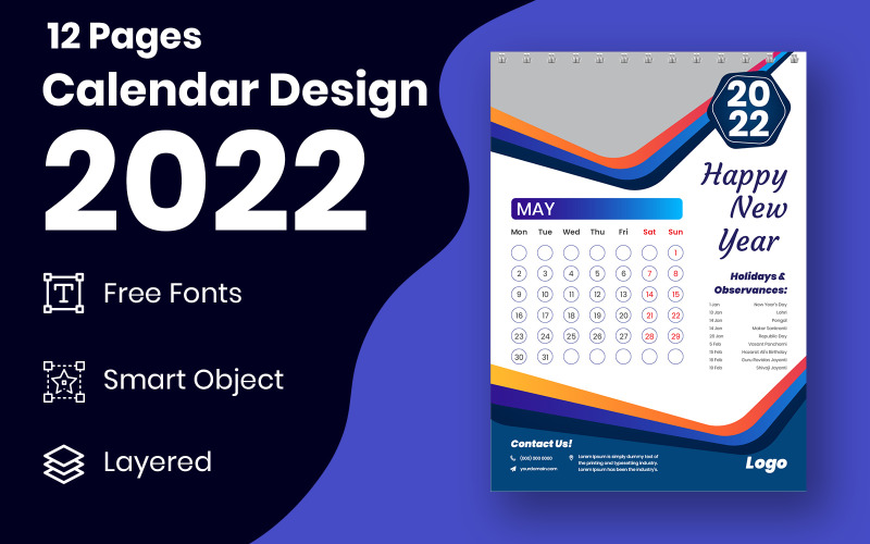 Clean 2022 New Year Calendar Design With Holidays Template Design Planner