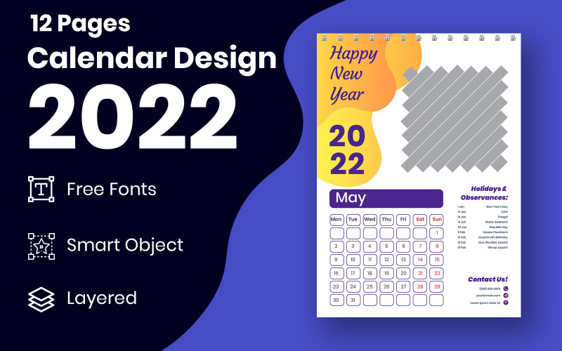 Colorful 2022 New Year Calendar Design With Holidays Template Vector Planner