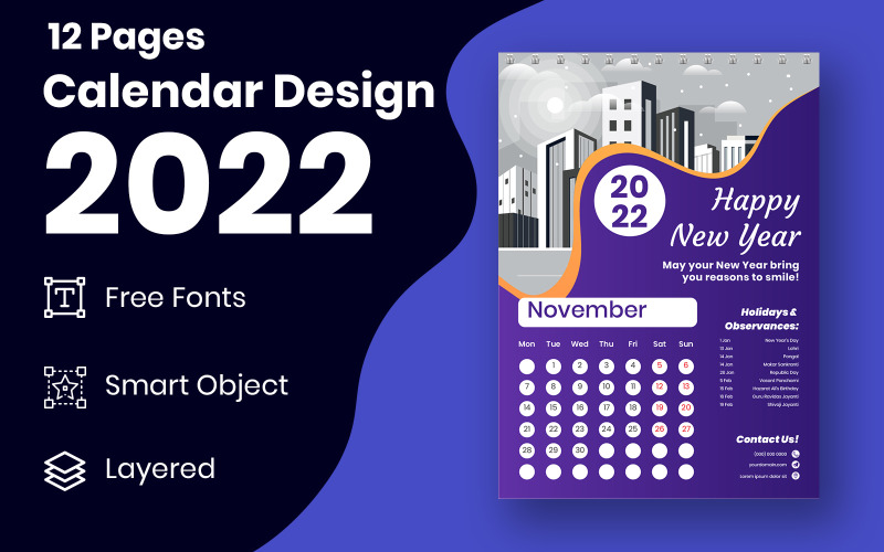 Modern 2022 New Year Calendar Elegant Design With Holidays Template Vector Planner