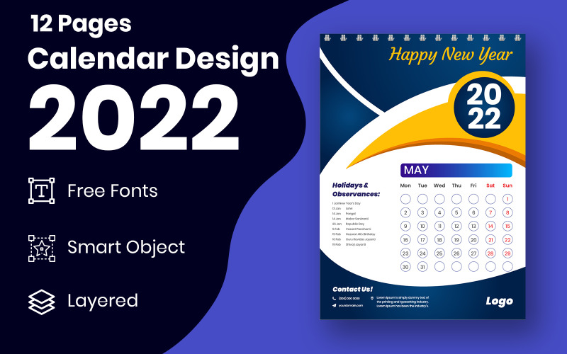 Stylish 2022 New Year Calendar Design Template Vector Planner