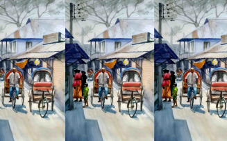 Watercolor Rickshaw Puller On the Way Vector Illustration