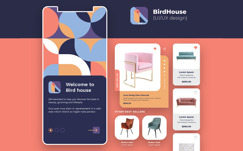 Mobile Shopping Application PSD Template e-commerce UI design - BirdHouse UI Element