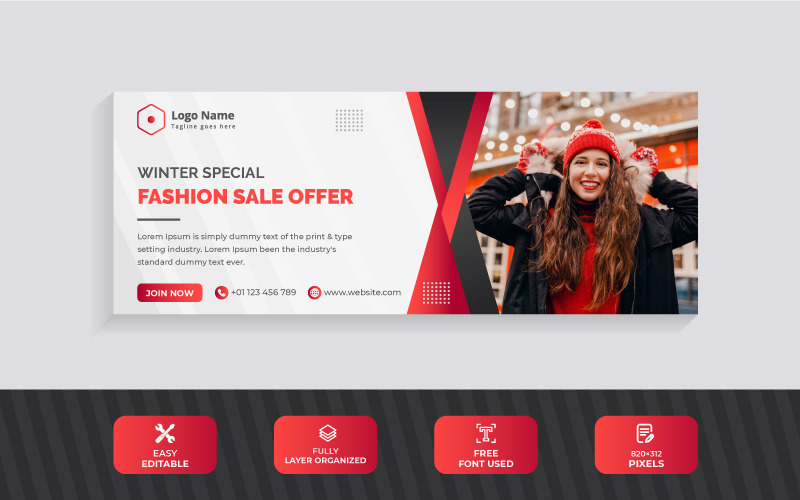 Winter Sale Offer Facebook Cover Design Template With Red Color Scheme Social Media