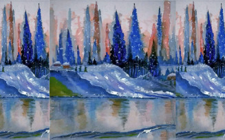 Watercolor Ice Hill on River Site Art Illustration