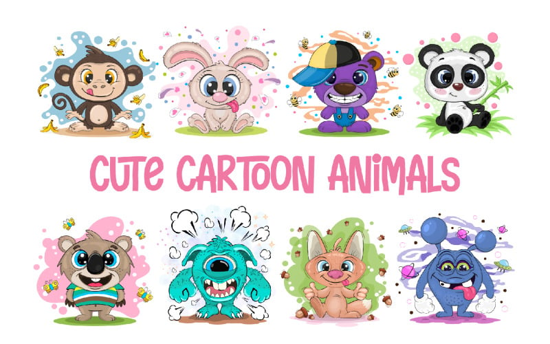 Set of Cute Cartoon Animals, Characters, Vector Vector Graphic