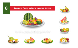 8 Realistic Fruits on Plate Isolated Vector Illustration