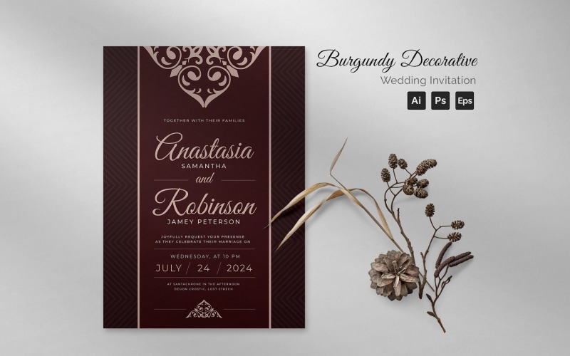 Burgundy Decorative Wedding Invitation Corporate Identity