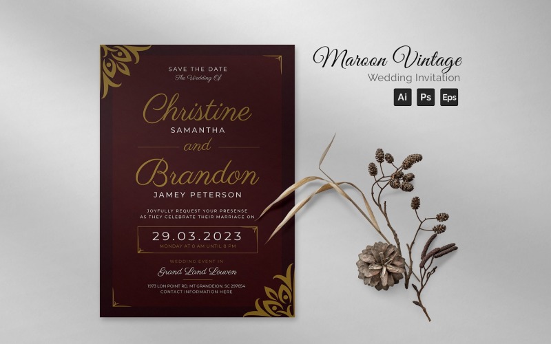 Maroon Vintage Wedding Invitation Corporate Identity