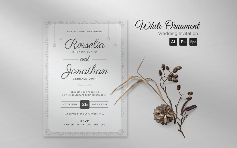 White Ornament Wedding Invitation Corporate Identity