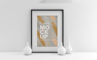 Black Frame with Vases on a white wall Mockup template
