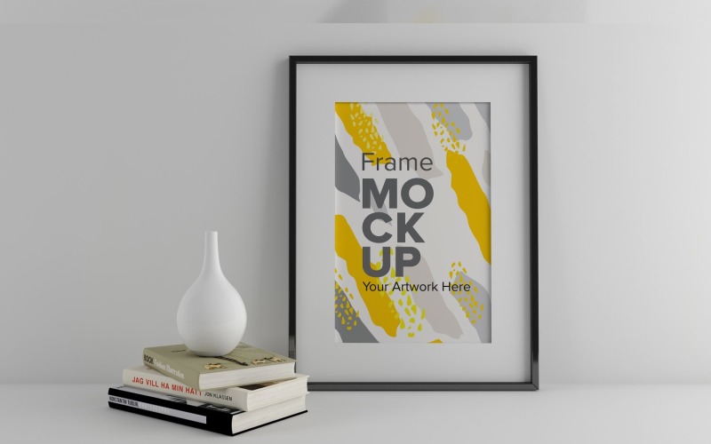 Frame Mockup with books and Vases on a white wall Mockup Template Product Mockup