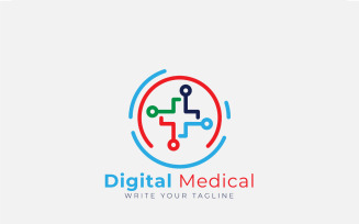 Digital Medical Logo With Cross Concept