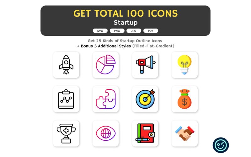 Total 100 Startup Icons - 25 Kinds of Icon with 4 Style Icon Set