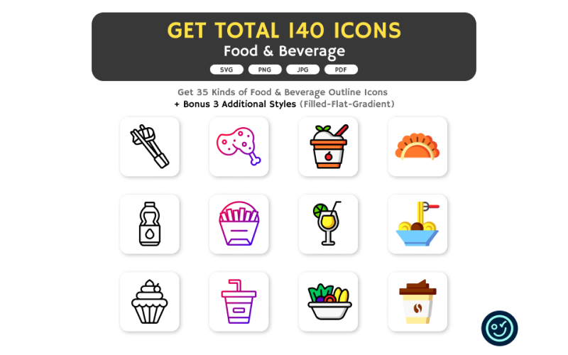 Total 140 Food and Beverage Icons - 35 Kinds of Icon with 4 Style Icon Set