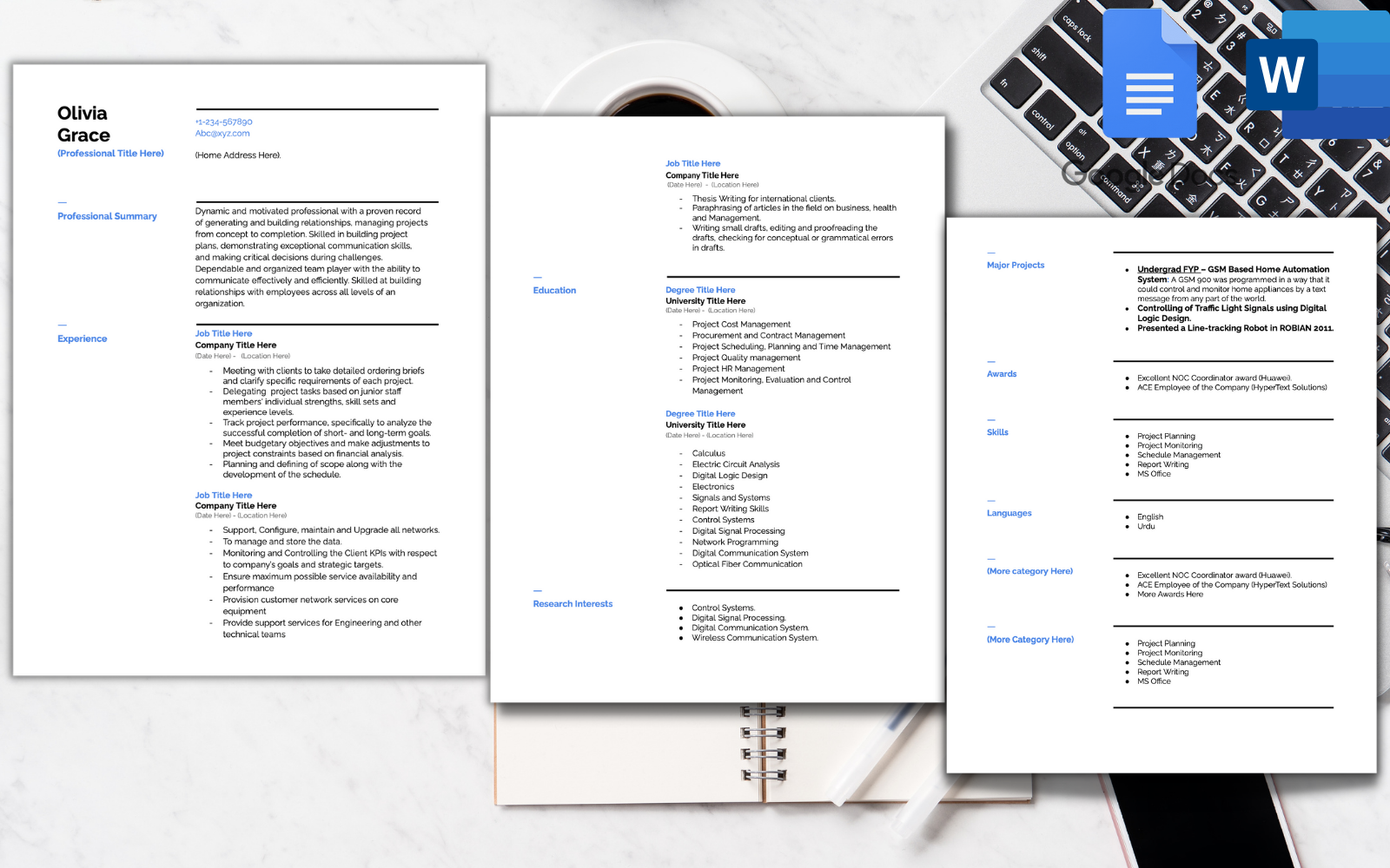 MS Word and Google Docs Optimised 3 Page Professional Resume Template.