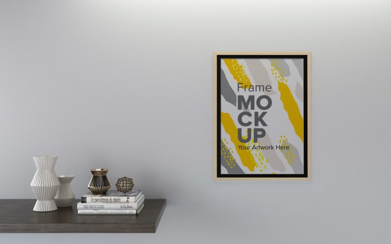 A Closeup Shot Of A Black Frame With Decorative Items On The Shelf Product Mockup