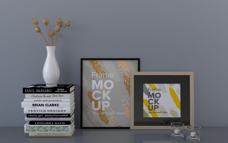 A Closeup Shot Of Frames With Books On The Shelf Mockup Template Product Mockup