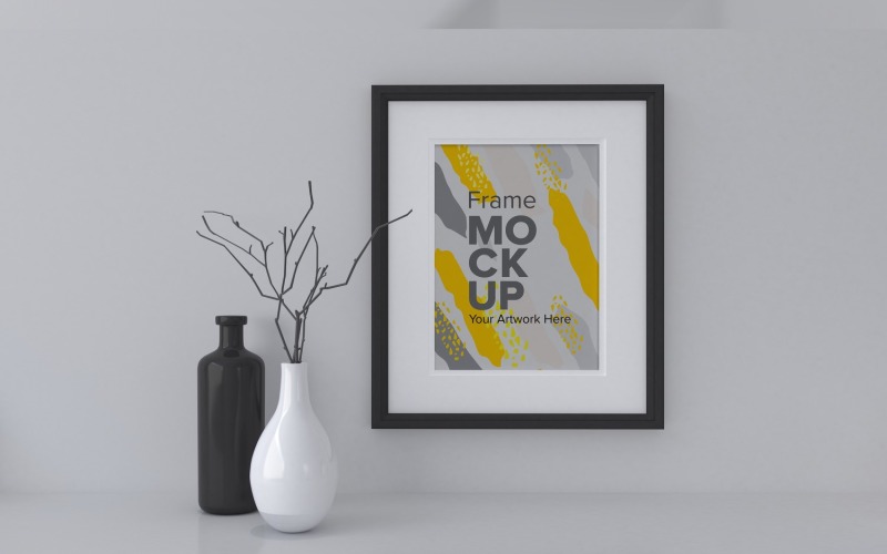 Black Frame Next To Vases On A Gray Wall Mockup Template Product Mockup