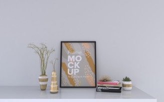Black Frame With Vases And Books On The Shelf Mockup Template