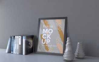 Frame Mockup With Vases And Books On A Gray Wall Mockup Template