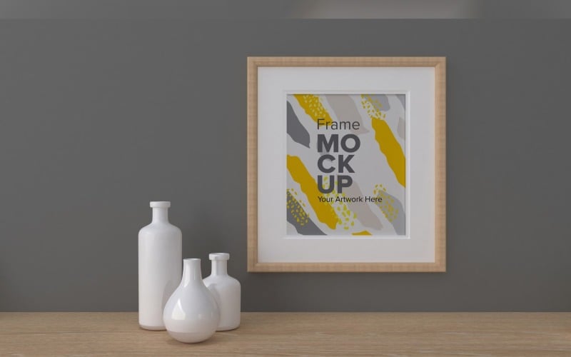 Frame Next To Vases On A Gray Wall Mockup Template Product Mockup