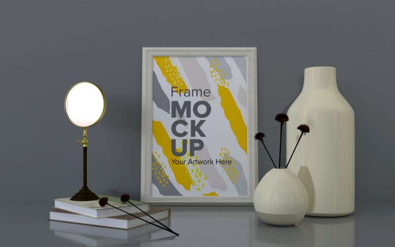 Frame On A Gray Wall With Vases On A Shelf Mockup Template Product Mockup