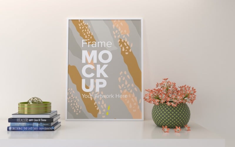 Frame With Decorative Flowers And Books On The Shelf Mockup Template Product Mockup