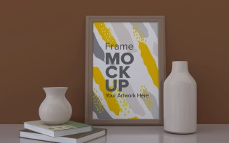 Frame With Vases And Books On The Shelf Mockup Template