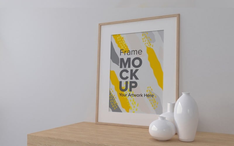 Frame With Vases On A Shelf And Gray Wall Mockup Template Product Mockup
