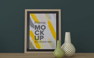 Frame With Vases On The Shelf With Green Background Mockup Template