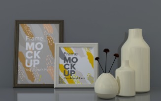 Two Frames On A Gray Wall With Vases On A Shelf Mockup Template