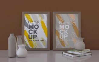 Two Frames With Vases And Books On The Shelf Mockup Template