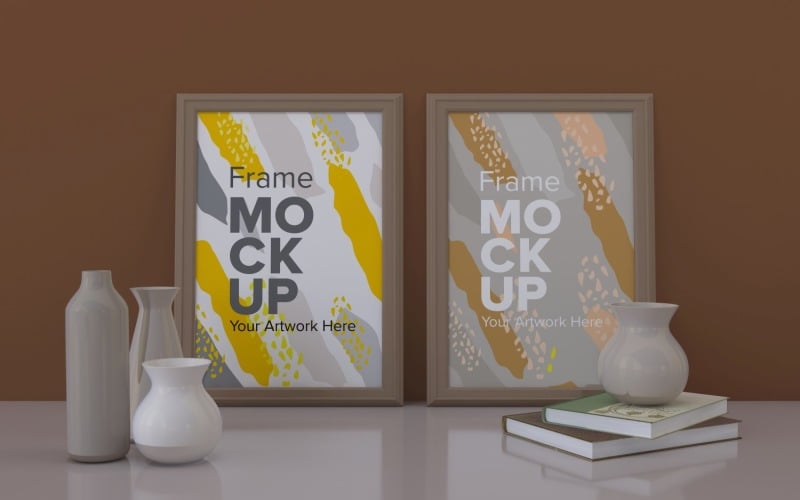 Two Frames With Vases And Books On The Shelf Mockup Template Product Mockup