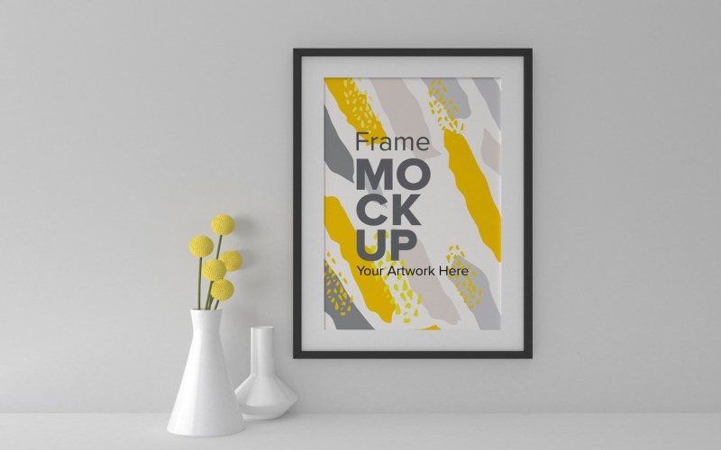 A Closeup Shot Of A Black Frame On A White Wall With Vases Mockup Template Product Mockup