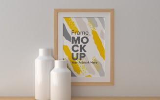 A Closeup Shot Of A Frame With Vases On The Shelf Mockup Template
