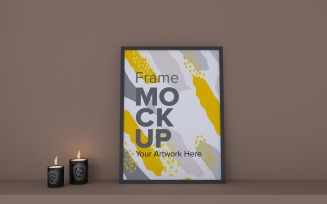 Black Frame With Candles On A Brown Wall Mockup Template