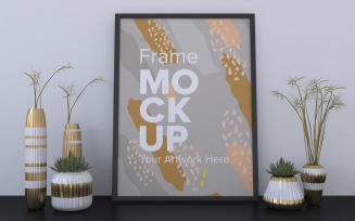 Black Frame With Vases On The Gray Wall Mockup Template