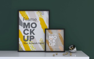 Black Frames On A Green Wall Background Mockup Template