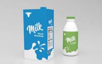 3D One Liter Milk Pack Packaging And Bottle Mockup Template