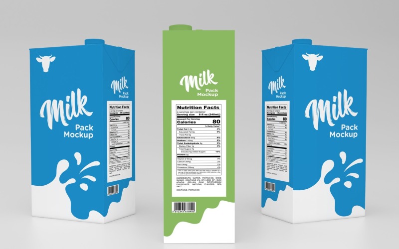 3D Three Milk Pack Packaging One Liter Box Mockup Template Product Mockup