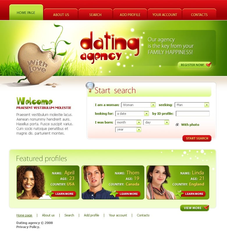 Шаблон сайта html PSD. Dating profile search. For your Page. Сайт знакомств дайтинг