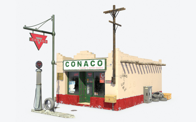 Retro Gas Station Low Poly 3d Model